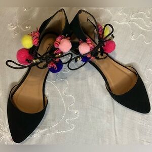 Retro Black Flats with Colorful Pom Poms 10